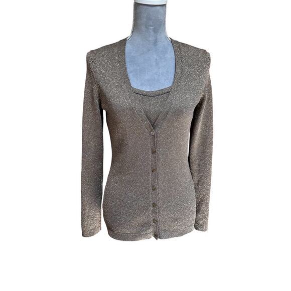 ANN TAYLOR Metallic Bronze Sweater Set Tank M Cardigan S Shimmery Knit - Picture 1 of 10